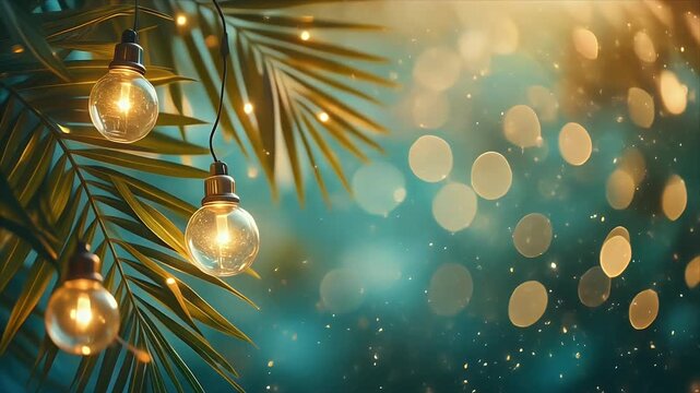 Warm string lights on palm leaves with bokeh background