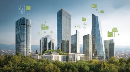 Fototapeta premium Modern urban skyline with eco-friendly designs and green architecture elements surrounded by trees and nature