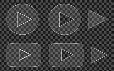 Glassmorphism Play Button Icons with Transparent Grid Background, Frosted Glass Multimedia Interface Elements
