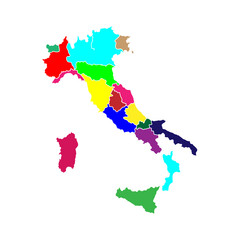 Naklejka premium Map of Italy divided into regions, each region is colored differently to distinguish it from its neighbors on this political map