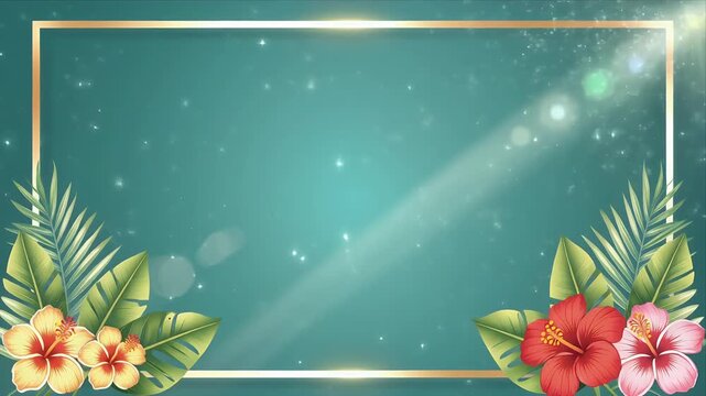 Tropical background with palm leaves and gold frame on teal