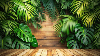 Fototapeta premium Tropical Foliage on Rustic Wood Background
