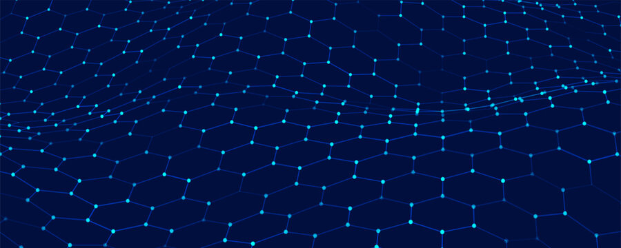 A vibrant hexagonal grid gently curves like a living digital fabric. A futuristic hexagonal background. Glowing nodes are connected by lines, forming a honeycomb structure.