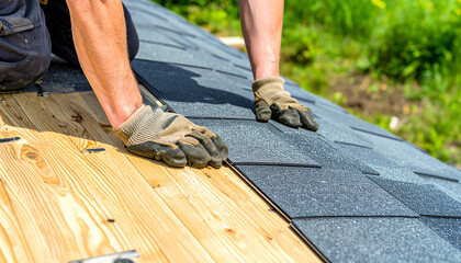 Roofer wearing gloves installing asphalt shingles on a wooden roof deck roofing construction