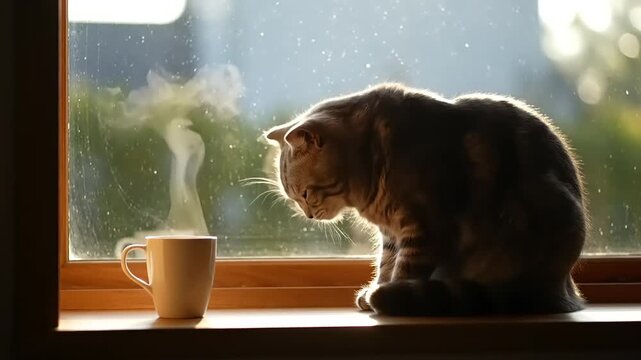 Cozy Cat Enjoys Morning Coffee by the Window.