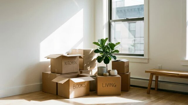 Moving boxes in an empty room with a houseplant and long wooden bench. New home relocation concept in a sunny interior space.