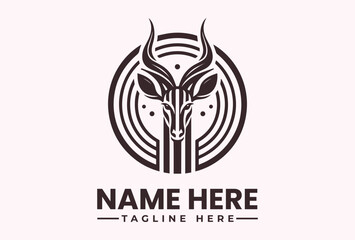 Obraz premium A minimalist logo design featuring a stylized antelope head within concentric circles on a pale background with space for a custom name and tagline.