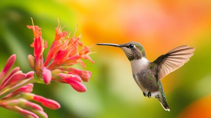 Fototapeta premium Hummingbird perched on bright flower with its beak open in a garden during daylight