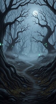 Mysterious path through a dark forest at night with eerie glowing elements
