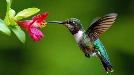Fototapeta premium Hummingbird perches on a flower and opens its beak to feed amidst green background in the daytime