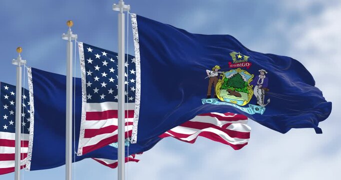 Maine state flags and the American flag waving in the wind on a clear day
