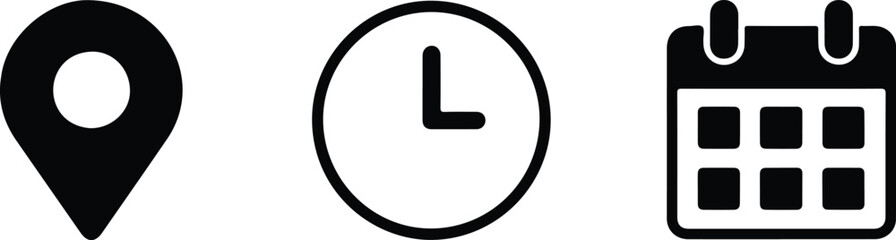 Minimal Vector Icon Set Featuring Calendar, Clock, and Location Pin Symbols for Event Planning, Meeting Agendas, Invitations, and Posters