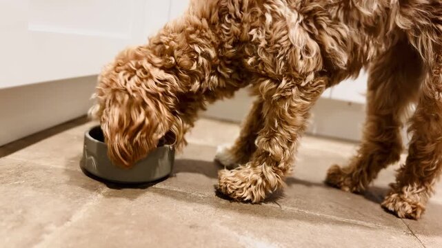 Fluffy Golden Cavapoo Dog Eagerly Eating from Modern Gray Bowl on Tiled Kitchen Floor &mdash; Pet Meal Time Clip
