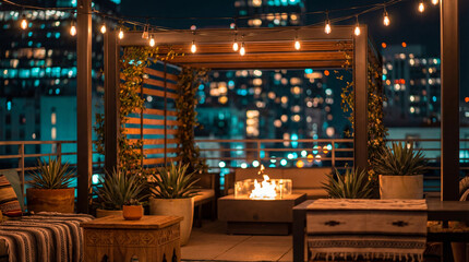 Cinco de Mayo rooftop celebration with city lights and fire pit