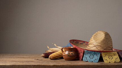 Cinco de Mayo festive display with sombrero, corn, and pottery