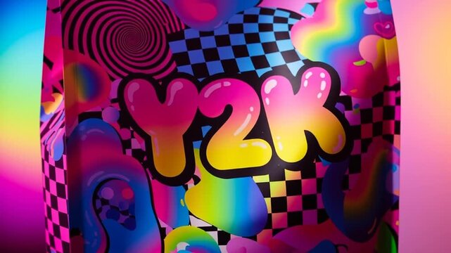A vibrant video showcasing a Y2K-inspired design with colorful patterns and graffiti