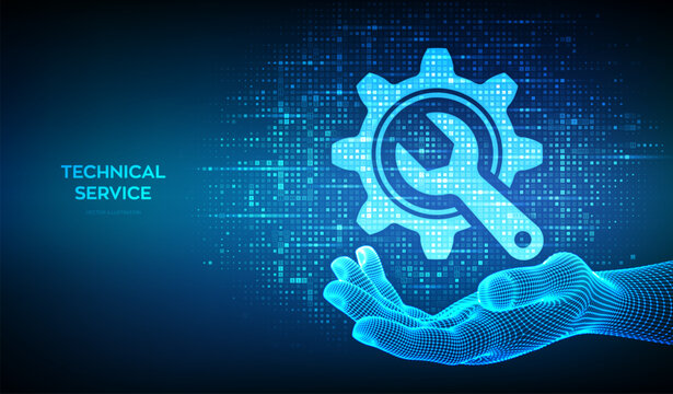 Technical service. Wrench and gear icon made with binary code in wireframe hand. Technical assistance. Customer help. Online tech support. Digital code background with digits 1.0. Vector Illustration.