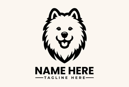 Black and white vector illustration of a dog's head with a customizable name and tagline on a plain background, featuring a logo and pictogram design.