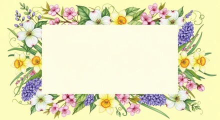Obraz premium Rectangular frame made of colorful spring flowers like daffodils and hyacinths with central copy space