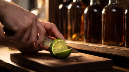Hands cutting fresh lime for festive Cinco de Mayo cocktails