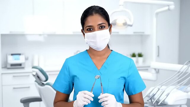 Female dentist wearing mask and gloves holding dental tools in clinic.