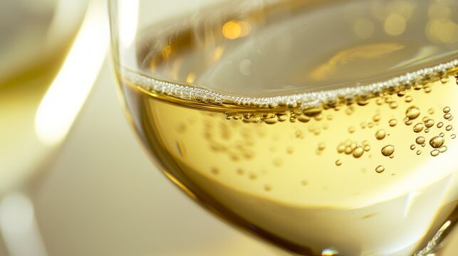 Close up shot of white wine in glass with bubbles at gathering in evening light