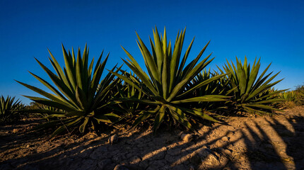 Agave plants thrive under blue sky, celebrating Cinco de Mayo