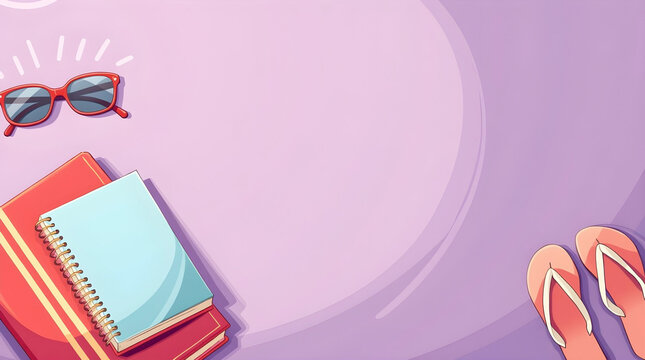 A stylish summer flat lay featuring red sunglasses, a spiral notebook stacked on books, and peach flip-flops arranged on a vibrant purple background with ample creative copy space