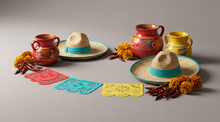 Cinco de Mayo still life with Mexican hats pottery and papel picado