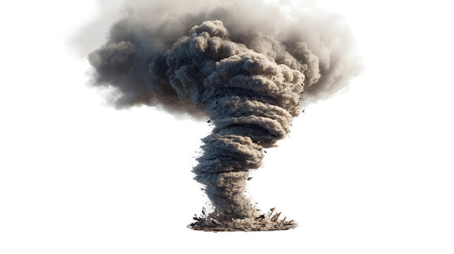 Powerful Tornado Vortex with Swirling Debris and Thick Smoke Clouds Isolated on Transparent Background, Natural Disaster Cyclone Concept