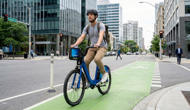 Young man in helmet riding electric bike on dedicated green city lane.