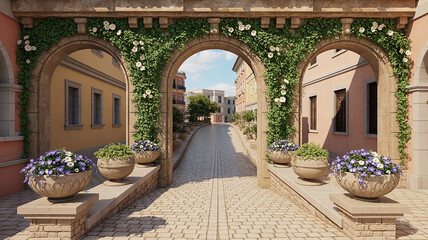 Stone arches with potted flowers and ivy overlooking a village street Keywords: architecture