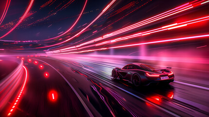 Fototapeta premium High-Speed Racing Car on Modern Racetrack at Night with Dynamic Light Trails