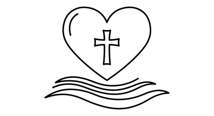 Obraz premium An outline of a heart containing a Christian cross, resting above three undulating waves, signifying faith and baptism.