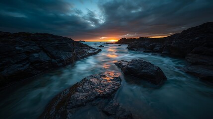 Obraz premium A dramatic sunset sky glows over a rocky coastline where ocean waves crash against stones and cliffs along the horizon of a beautiful nature landscape seascape