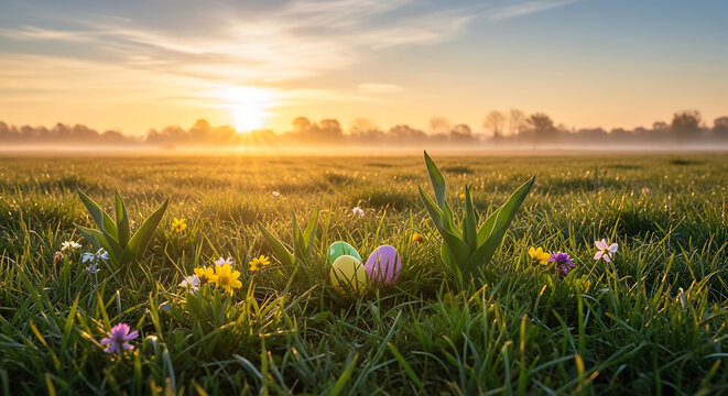 Easter Eggs in a Grassy Field at Sunrise with Sunburst graphic image