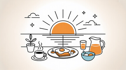 Sunrise breakfast scene with food, coffee, and juice in a linear illustration dawn