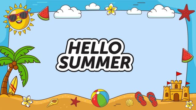 Animated beach frame with sandcastle and palm tree featuring Hello Summer text.