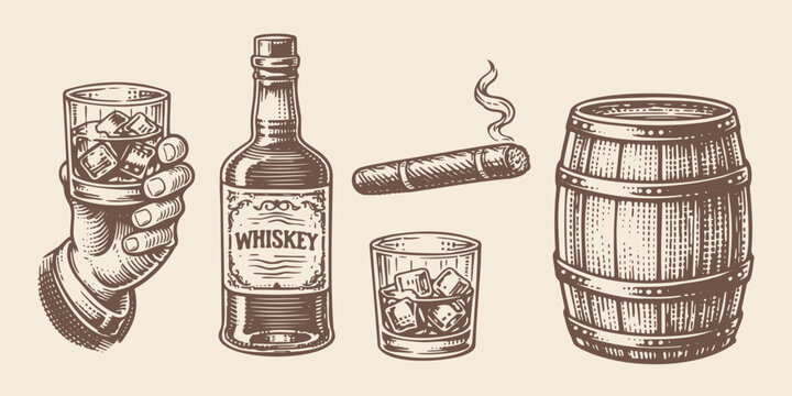 Whiskey cigar and barrel vintage engraving vector illustration