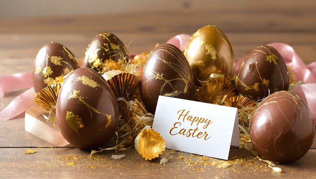 Chocolate Easter eggs decorated gold foil on wooden table festive