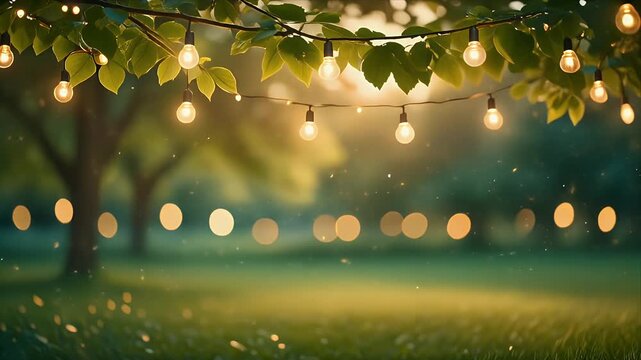 Serene garden with string lights at dusk creating magical 