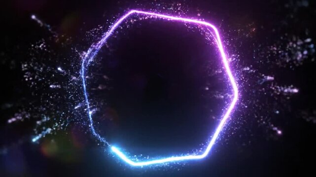 Abstract futuristic neon hexagon frame animation on a black background with glowing particles, perfect for a logo reveal or intro