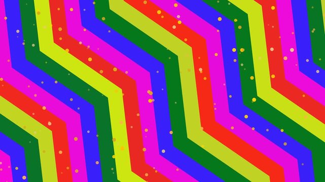 Vibrant multicolored chevron pattern with dynamic diagonal stripes and scattered dots creating a lively abstract background from a straightforward viewpoint