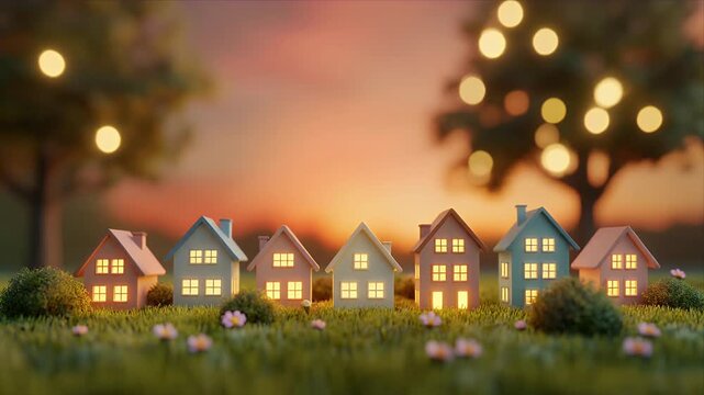 Miniature houses in colorful row on green grass at sunset