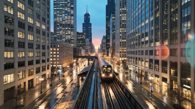 Morning commute in downtown Chicago with the iconic Willis Tower in the distance along a wet city street