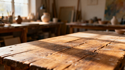Rustic wooden table in sunlit art studio, perfect for displaying crafts or pottery creations