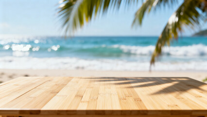 Empty wooden table on a blurred tropical beach background with shimmering sea and palm shadows