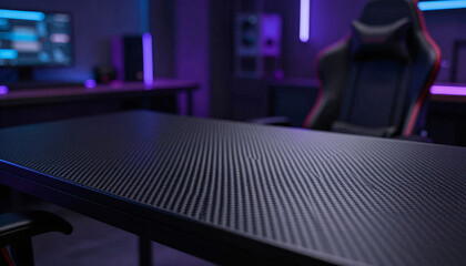 Empty gaming desk setup with ambient purple lighting in a modern room
