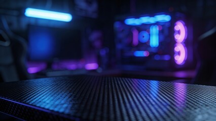 Close-up view of a carbon fiber textured surface in front of a gaming computer setup