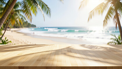 Empty Wooden Table Top with Blurred Tropical Beach and Ocean View, Perfect for Product Display
